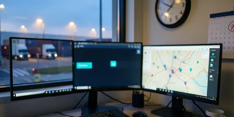 Puesto de analista sin nadie: un tablero con una alerta turquesa, un mapa, un reloj y un calendario con una fecha marcada, y por la ventana una bodega con camiones al atardecer.