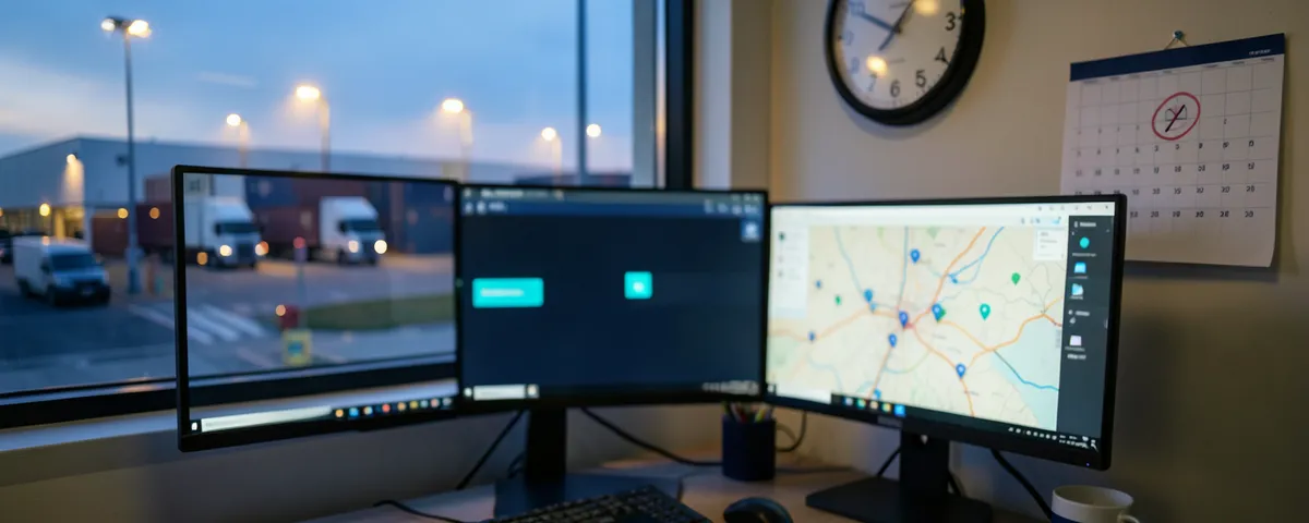 Puesto de analista sin nadie: un tablero con una alerta turquesa, un mapa, un reloj y un calendario con una fecha marcada, y por la ventana una bodega con camiones al atardecer.